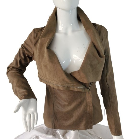 Malibu Sky Microfiber Jacket Top Brown Faux Leather Asymmetrical Zip Women Small - Picture 4 of 12